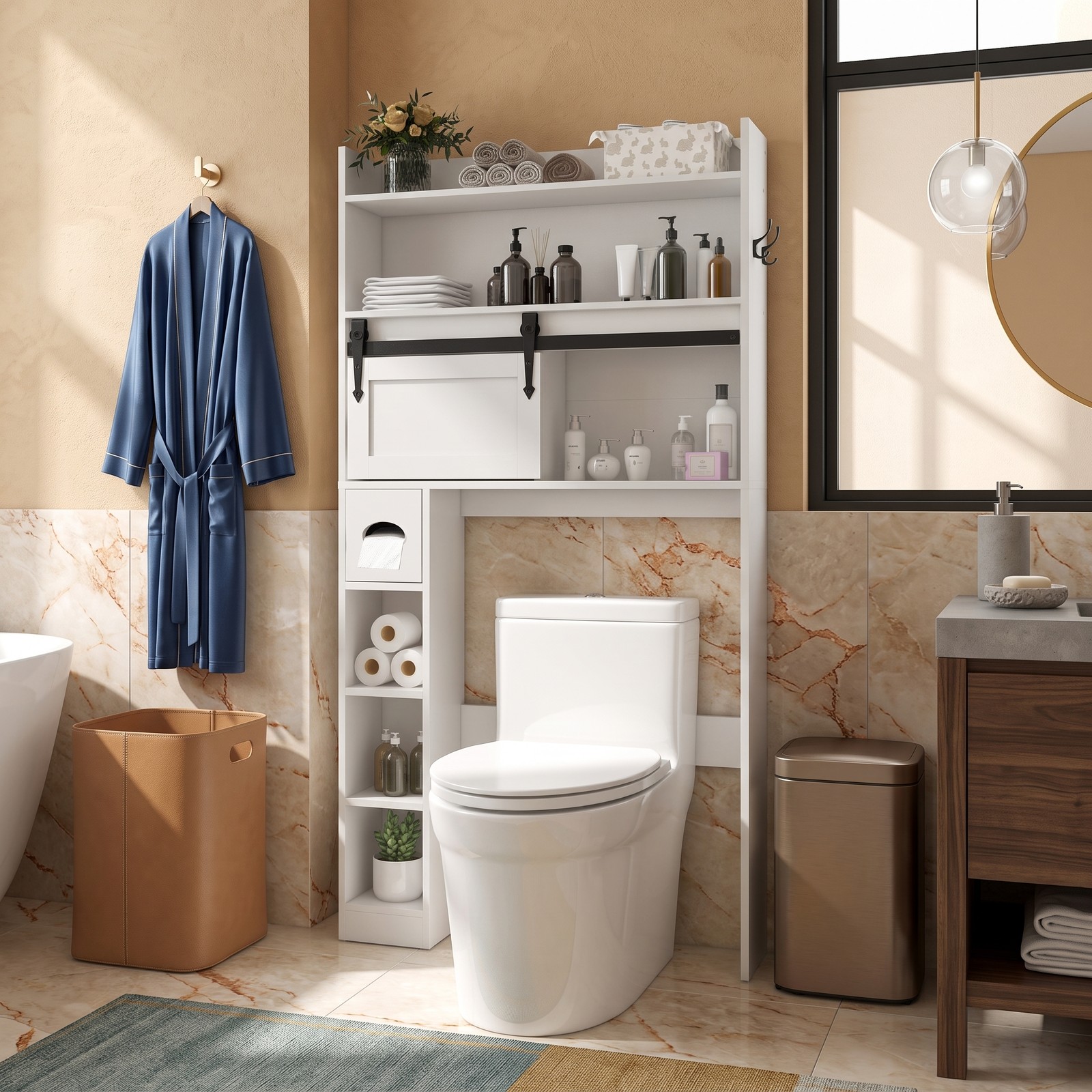 ALPULON Over The Toilet Storage Cabinet with Sliding Barn Door and 2 Adjustable Shelves, Freestanding Bathroom Space Saver Organizer Over Toilet, White