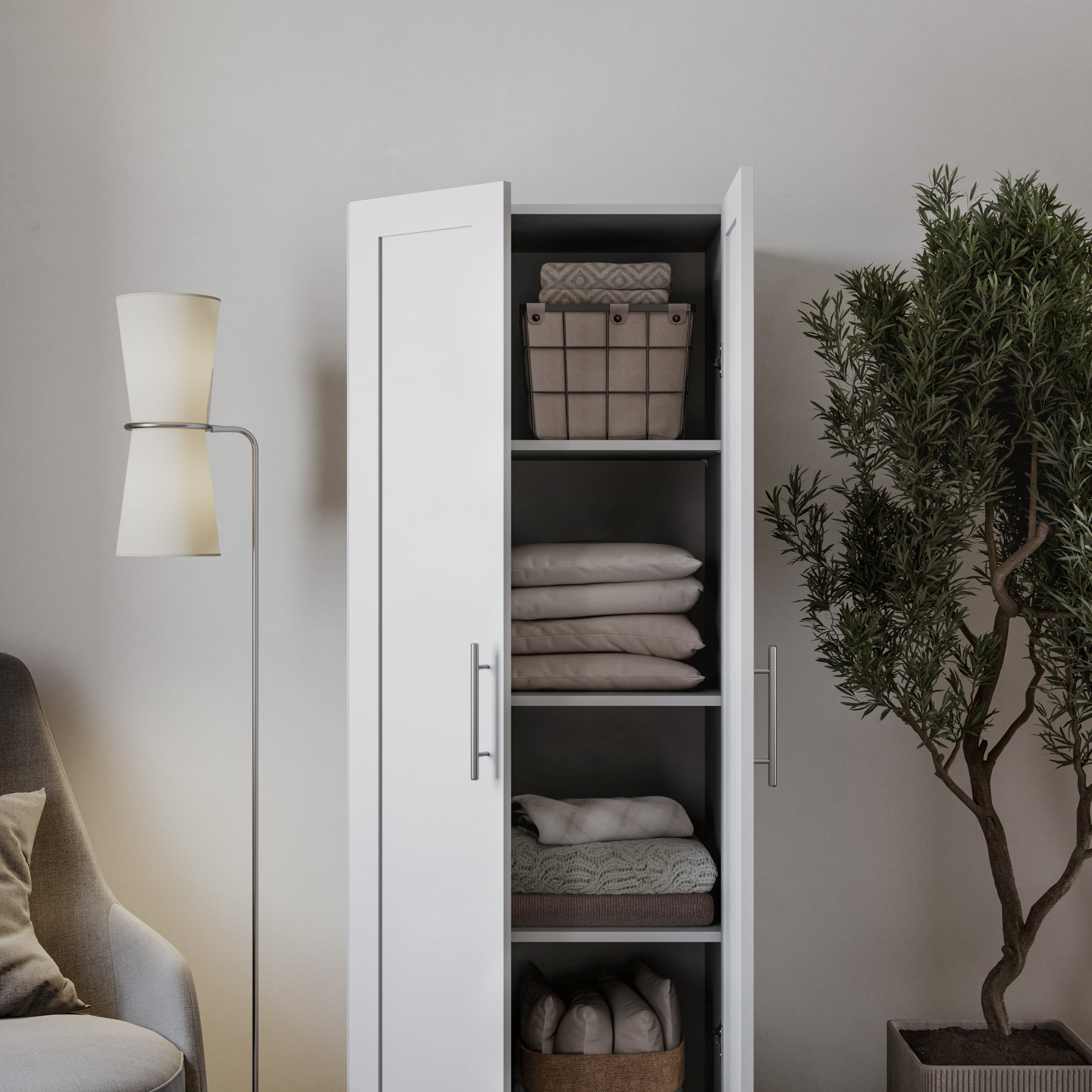 Prepac Elite Plus 24" Wide Storage Accent Cabinet with Panel Doors, White Storage Cabinet, Bathroom Cabinet, Pantry Kitchen Cabinet with 3 Shelves 16.75" D x 24" W x 65" H