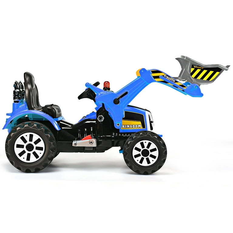 Kids Blue 12v Ride On Digger Tractor with Sounds & Front Scoop