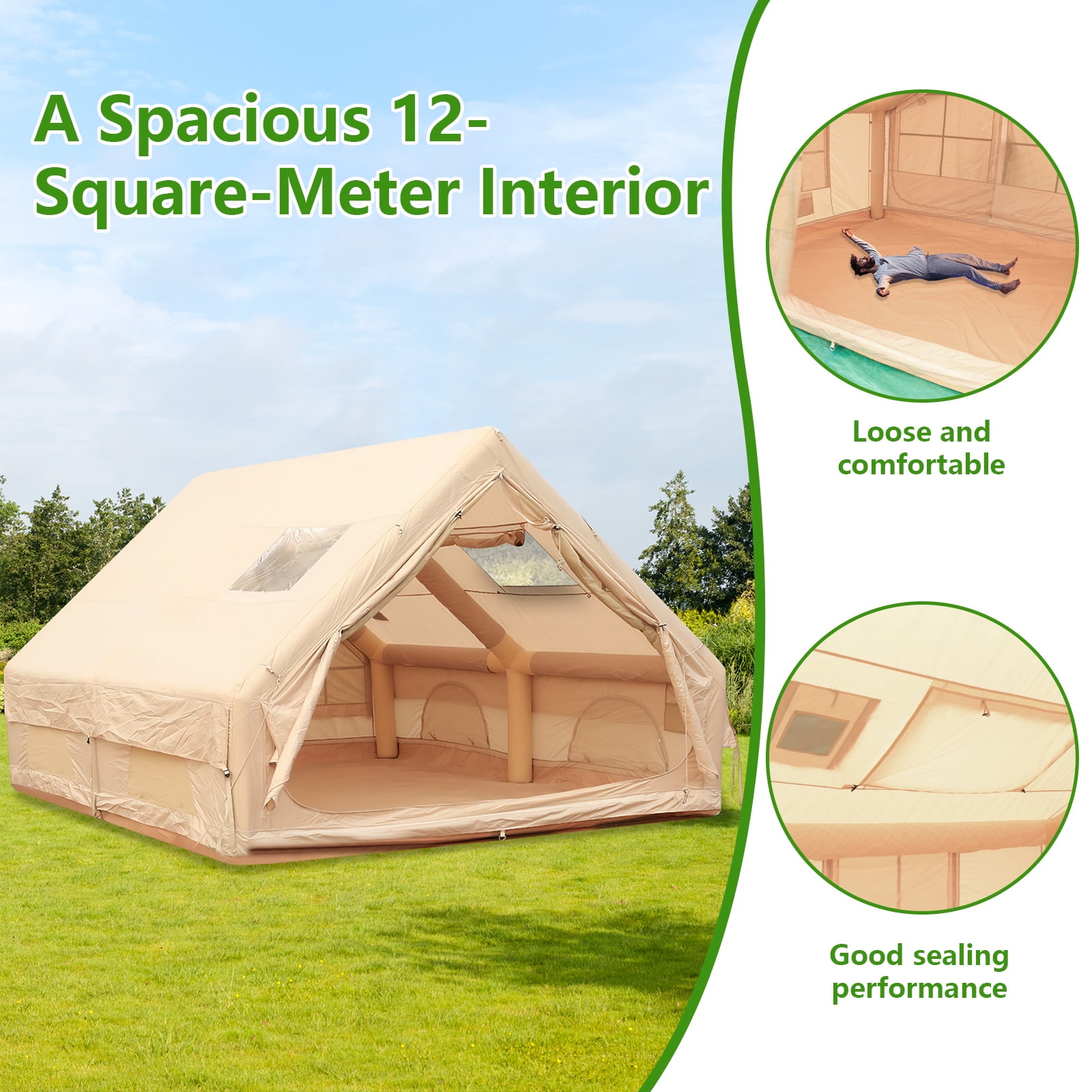 Qiyester Inflatable Camping Tent Waterproof Outdoor Cabin House with Hand Pump Doors Mesh Windows 4 Season 129 sq.ft No Assembly Needed