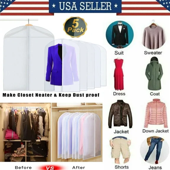 5Pcs Storage Bag Home Coat Dress Protecto Dustproof Clothes Garment Suit Cover