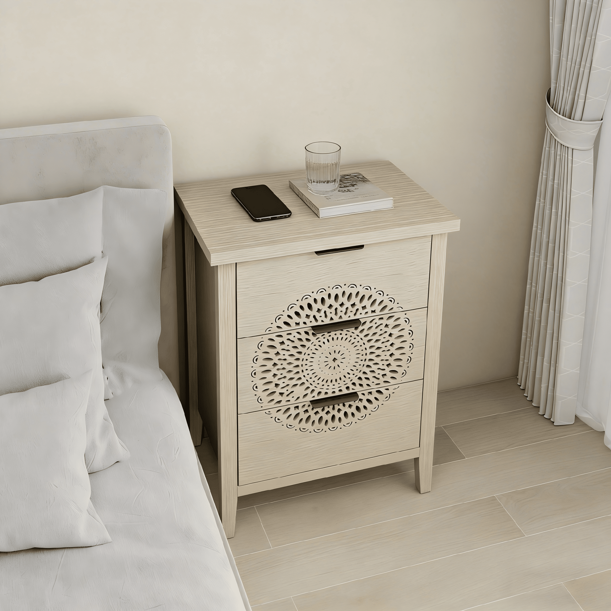 Gewnee Hollow-Carved 3-Drawer Storage Dresser Chest with Metal Handles, Modern Accent Furniture for Living Room & Bedroom