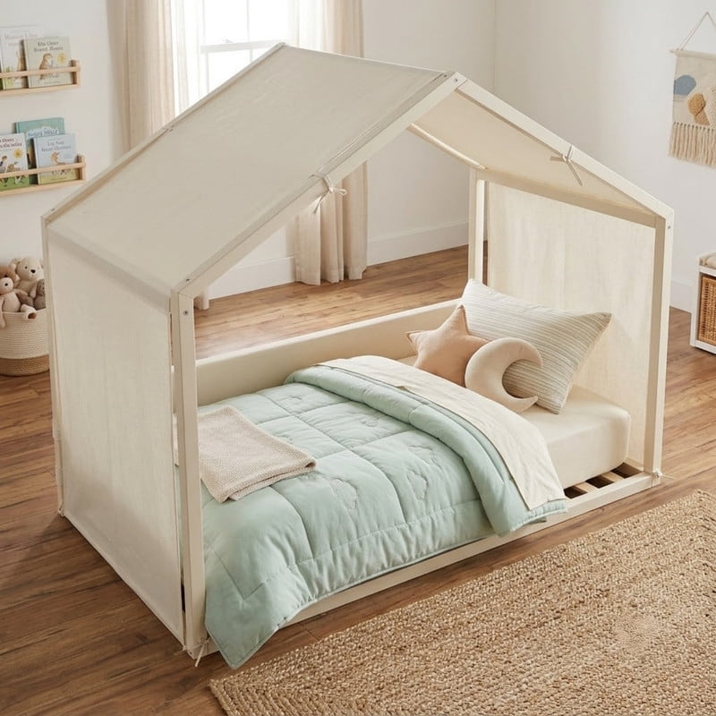 Twin Size Canopy Bed with Upholstered Velvet Side Panels and Breathable Linen Canopy Top, Soft-Padded Platform Bed Floor Montessori Bed for Kids Bedroom