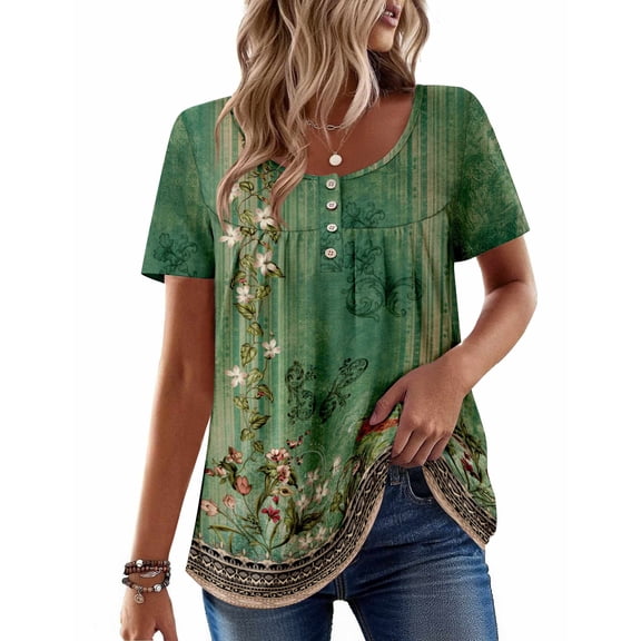 Zeagoo Women's Short Sleeve Shirts Pleated Scooped Neck Summer Tunic Tops Blouse Dressy Causal Loose Fit T-Shirts