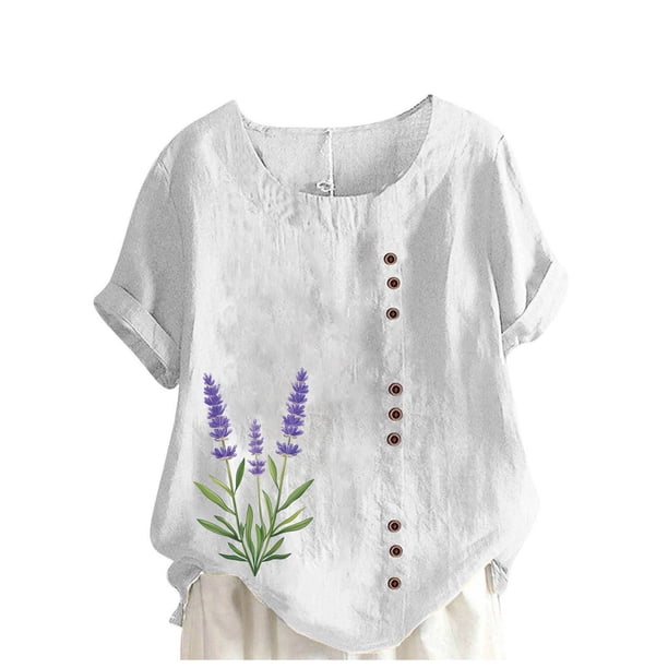 Vestidos Casuales Para Mujer, Blusas De Mujer De Moda Blusa informal de lino con botones y manga corta estampada para mujer
