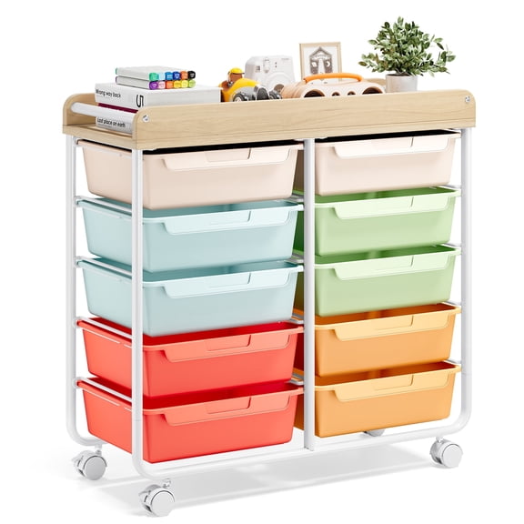 BEHERZT Rolling Storage Cart with 10 Large Drawers, Utility Cart with Wooden TableTop for Craft Organizers, Rainbow