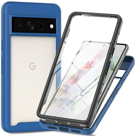 Clear Case for Google Pixel 8 Pro with Screen Protector, Dual-Layers Transparent Hybrid Rugged PC + Silicone Shockproof Case Military Grade Lens Protection Cover, Dark Blue