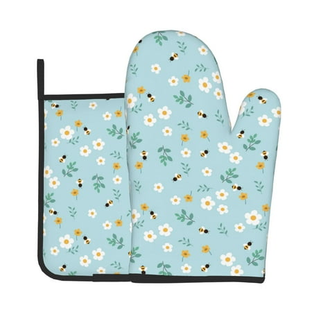 

Junzan Bee Flower Pattern Oven Mitts and Pot Holders 2 pcs Set Potholders BBQ Gloves Long Kitchen Oven Glove for Cooking Baking Grilling (2-Piece Set 11 Inch)