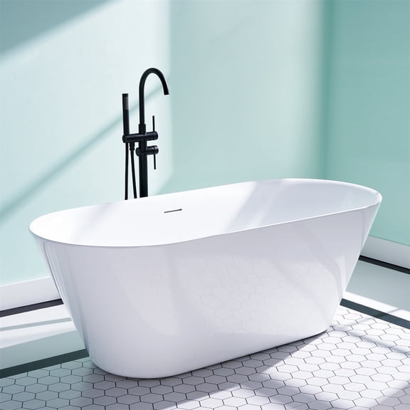 ANGELES HOME 66" Acrylic Freestanding Bathtub, Soaking White Bathtub with White Drain and Integrated Slotted Overflow Included, Glossy White
