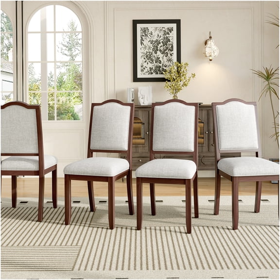 Farmhouse Dining Chairs Set of 4, High Back Upholstered Seating with Cherry Finish Rubber Wood Frame for Kitchen Dining Room