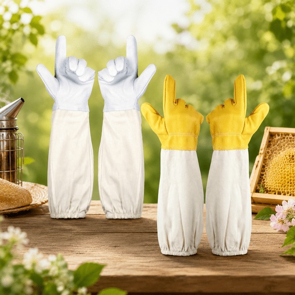 2 pairs Long Goatskin Beekeeping Gloves for Beekeepers - Protected Leather Gloves, Beekeeping Supplies, White/Yellow