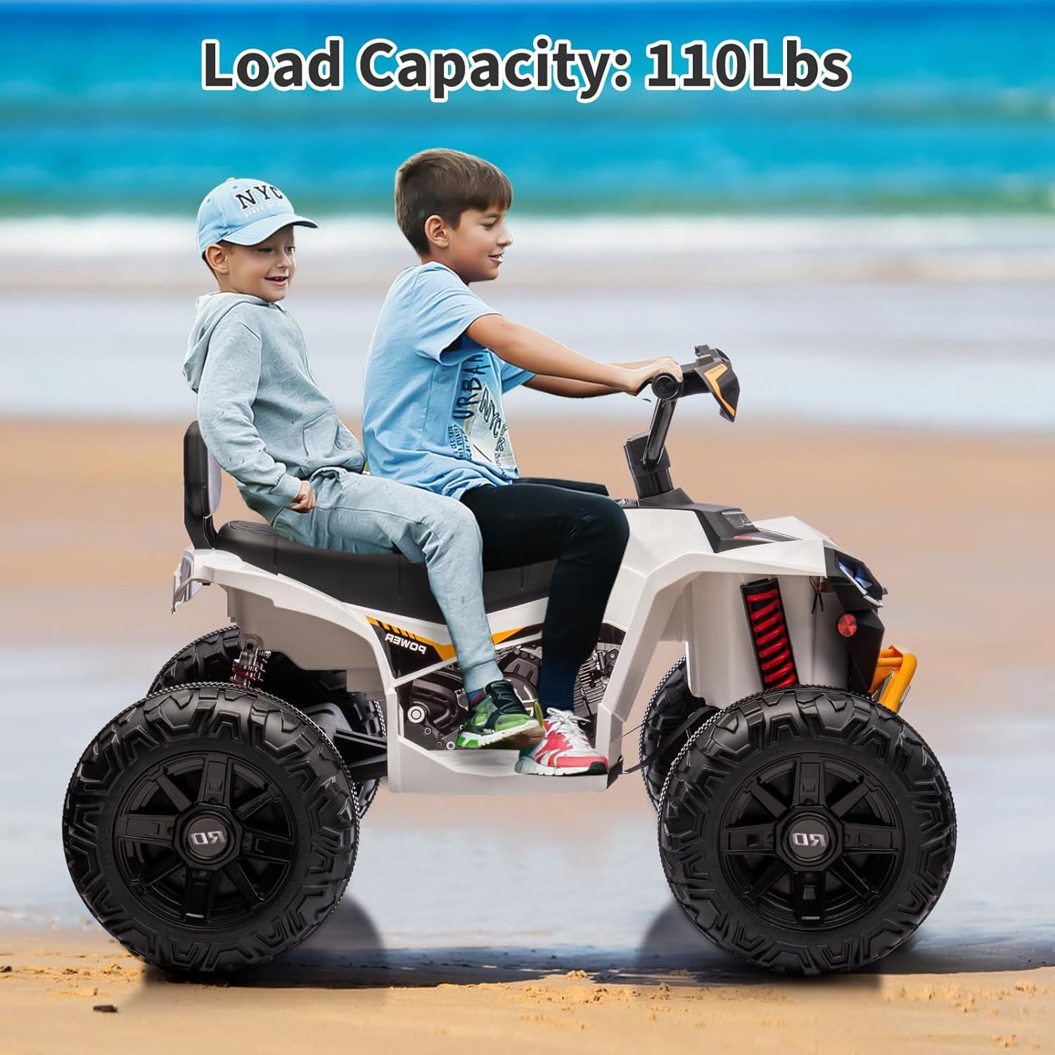24V Ride-On 2-Seater Electric ATV for Kids – Four-Wheel Off-Road Vehicle with 3-Speed Control, Hydraulic Suspension, Disc Brakes, LED Lights, MP3 Player & Multi-Axis Steering, White