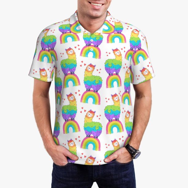 Balery Rainbow Llama Camisa Polo de Hombre con Estampado, de Manga Corta y Tejido Medio, Camisa Tipo Golf Polo-Small