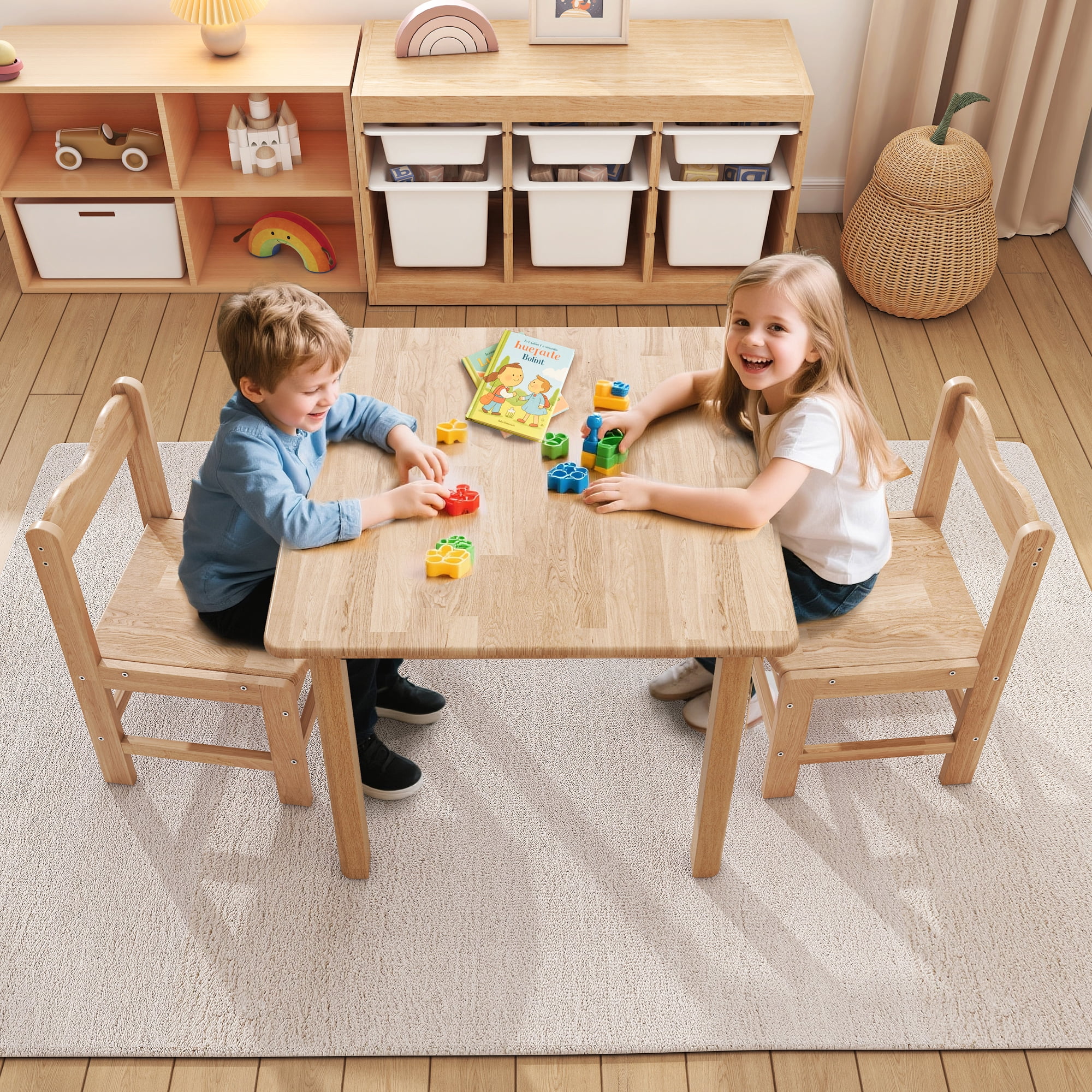 UNICOO® Wooden Kids Table and Chairs Set – 3-Piece Rubber Wood Toddler Table with 2 Chairs – Playroom & Classroom Kids Desk and Chair Set for Arts, Crafts, Reading, Snacks (Natural)