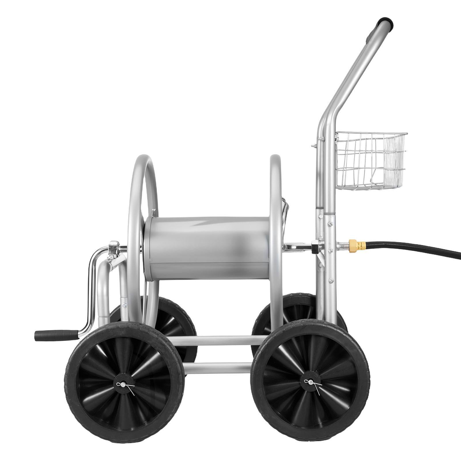 Heavy Duty Garden Hose Reel Cart with Storage Basket 4 Wheels Holds 300 ft 5/8 Inch Hose for Yard Lawn Outdoor