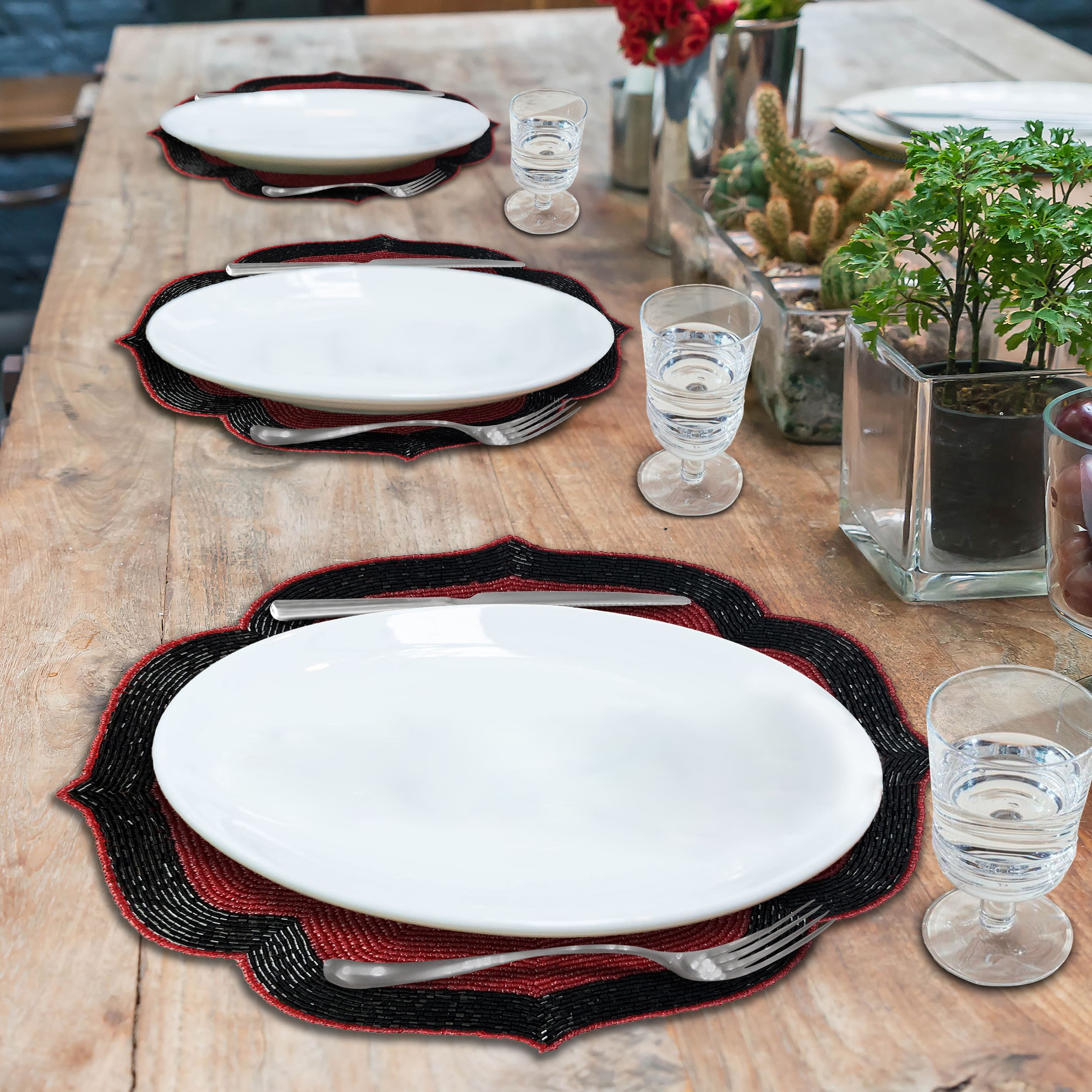 Decozen Deep Red and Black Beaded Placemats for Dining Table - Set of 4-14 Inches for Kitchen Decor Scratch Heat Resistant Charger Durable Tablemats
