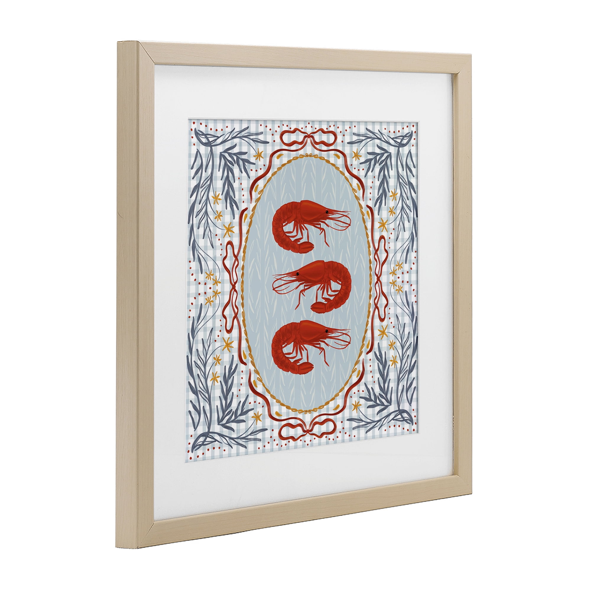 Stupell Industries Prawn Trio on Blue Gingham Birch Framed Print Under Glass, design by Vero Illustrates