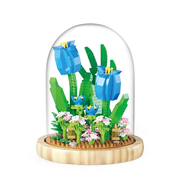 Bloques de construcción Accesorios de bricolaje con cubierta transparente Base de madera Decoración del hogar Juego de bloques de construcción de flores de bonsái Suministros para fiestas