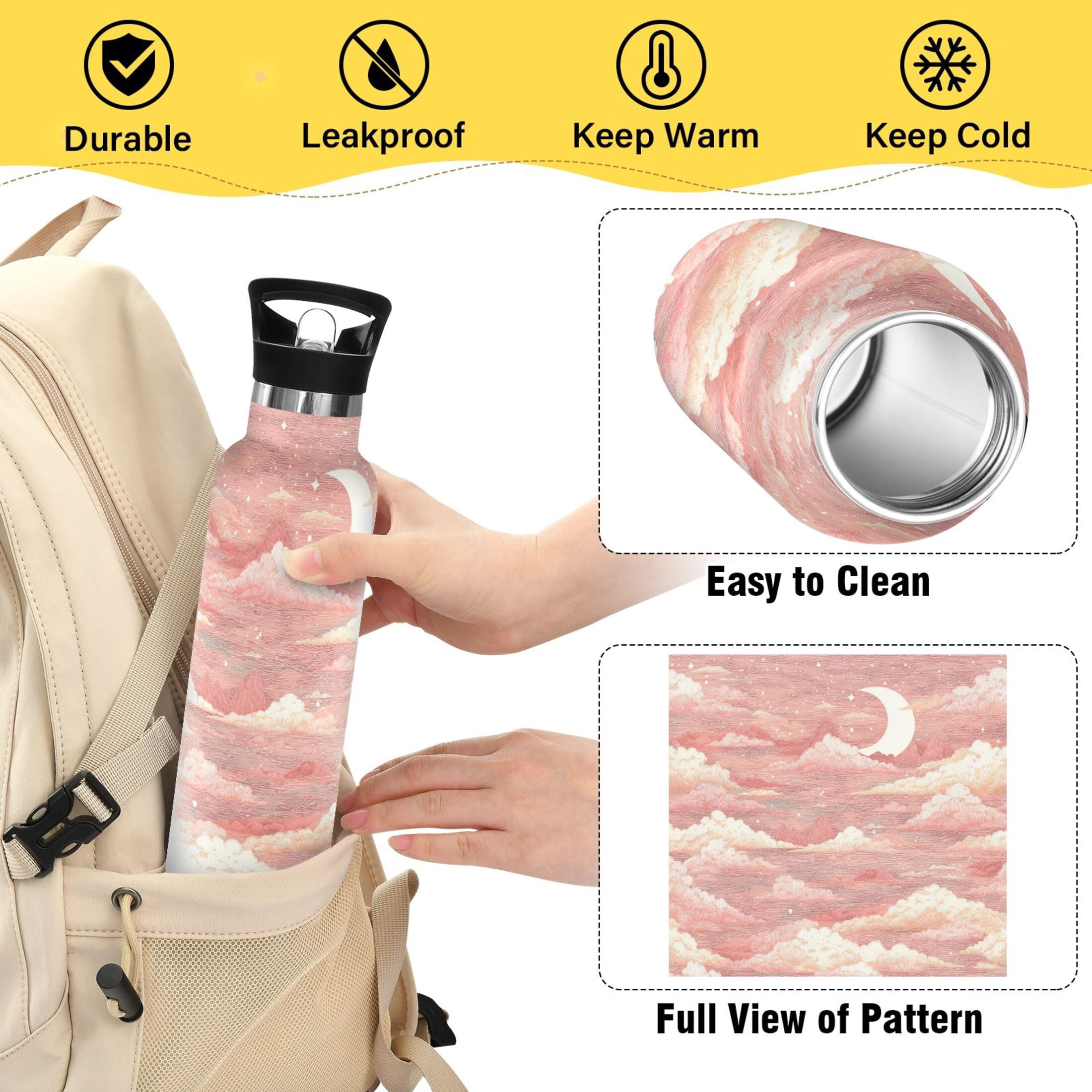 600ML Stainless Steel Insulated Cup Sports Water Bottle Portable Thermos Cup Water Glasses Insulated Tumblers Convenient and Durable Cartoon Pink Cloud