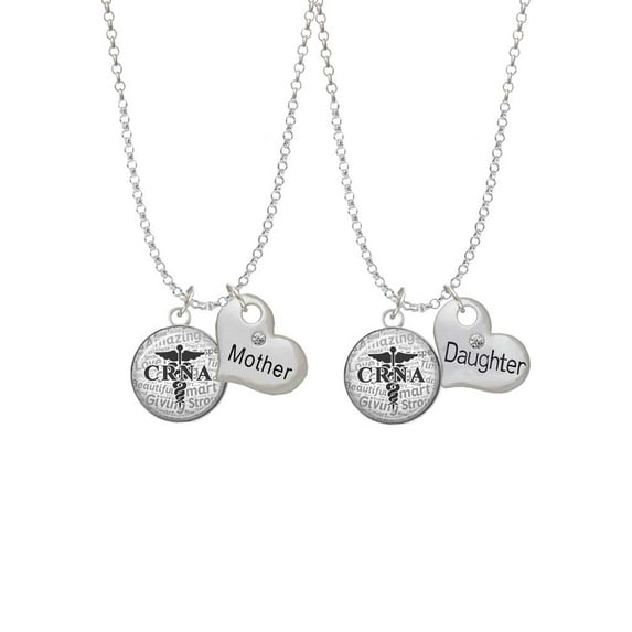 Delight Jewelry Silvertone Domed Black CRNA Mother & Daughter Heart Necklaces (Set of 2), 19"+2"