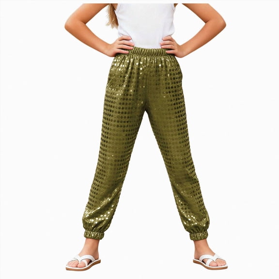 Splozh Teen Girl Pants Fashion Girls Pants Sparkly Trousers Shiny Jogger Pants Street Dancewear Long Pants Trendy Kids Pants Girls,Gold,7-8 Years