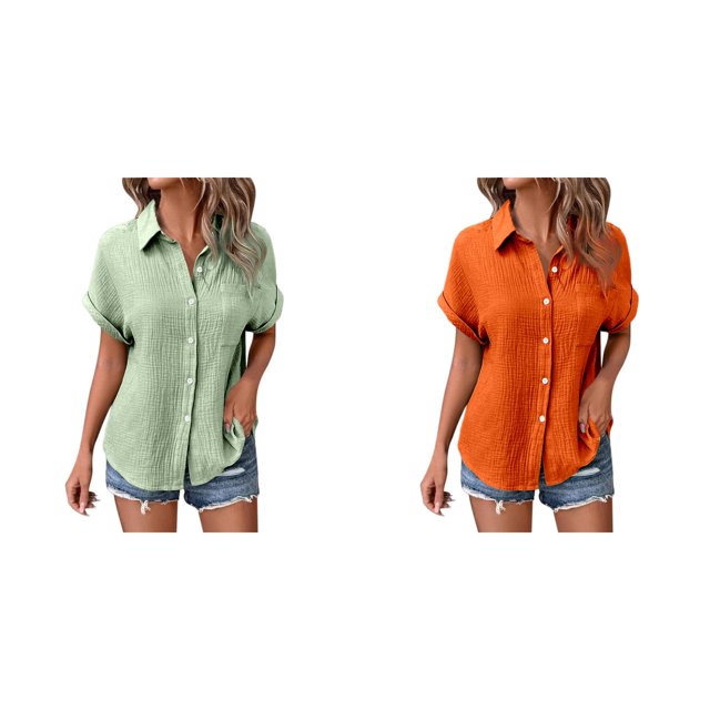 (2-Pack) Rinsvye Womens Casual Batwing Sleeve Button Down Short Sleeve Shirt Pure Color Oversized Blouse Summer Breathable Top Daily Wear Loose Fit Ladies Apparel