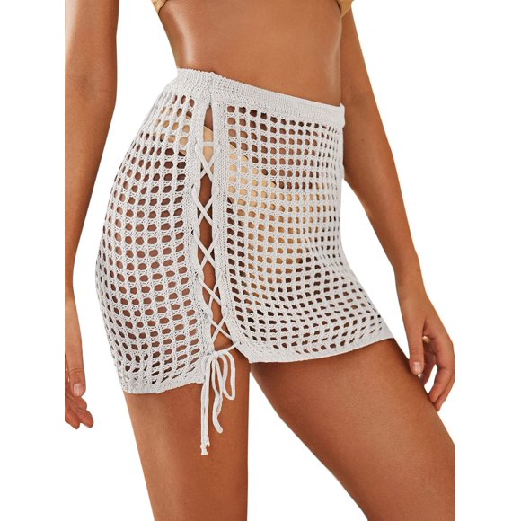 Women's Crochet Cover Up Skirt Tassel Knit Mini Beach Cover Up( S, White