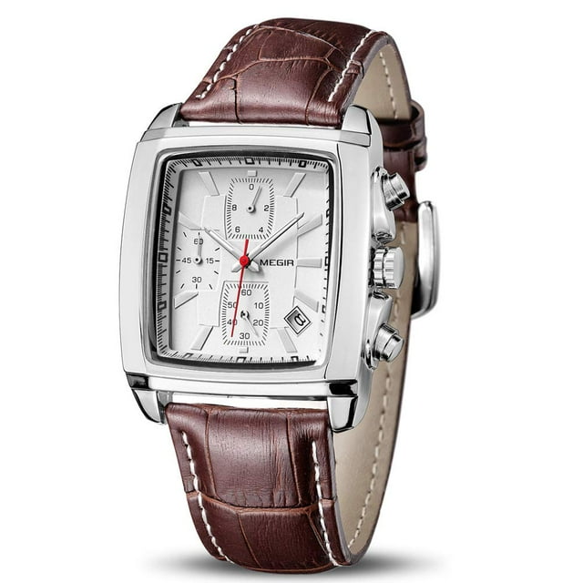 White Rectangular Men's Leather Watch - Quartz Movement, Luminous Hands, Calendar & Chronograph Functions, Hardlex Crystal, Alloy Case, Waterproof for Business & Sports, Ideal Gift for