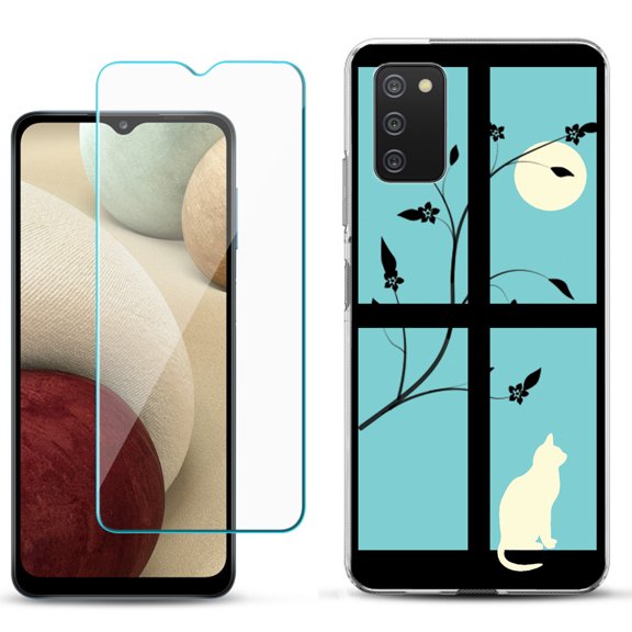 Slim-Fit TPU Phone Case Compatible with Samsung Galaxy A02s, with Tempered Glass Screen Protector, by OneToughShield ® - Moon/Cat