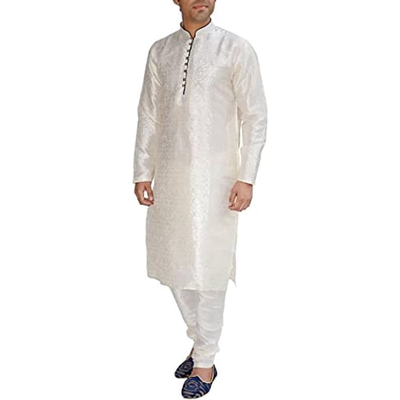 Royal Kurta Men's Jacquard Silk Floral Kurta Pyjama (Beige; 42)