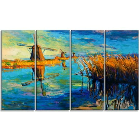 Orange Windmill - Design Art Windmills with Sky and Water Landscape 4 Piece Painting Print on Wrapped Canvas Set