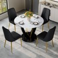 thumbnail image 2 of Table and chair set. A 42 Inch Diameter Round Tempered Glass Pandora marble patterned Dining Table - V-Shaped MDF Legs. Paired With 4 Black PU Chairs with Simple Line Designs On The Backrest., 2 of 6