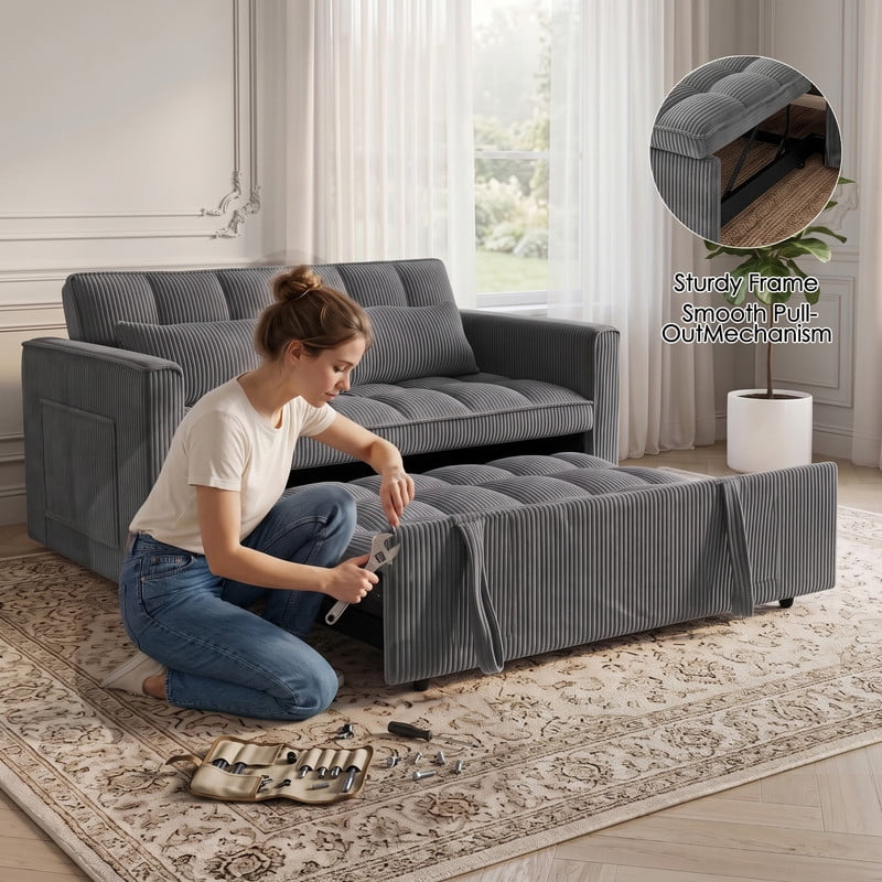 Anpport 54" 3‑in‑1 Convertible Sleeper Sofa Bed, Corduroy Pull‑Out Couch with Adjustable Backrest, Side Pockets & 2 Pillows for Small Spaces, Dark Gray