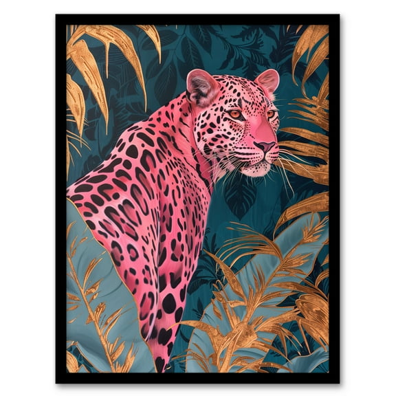 Artery8 Elegant Pink Leopard in Blue Gold Tropical Jungle Living Room Art Print Framed Poster Wall Decor 12x16 inch