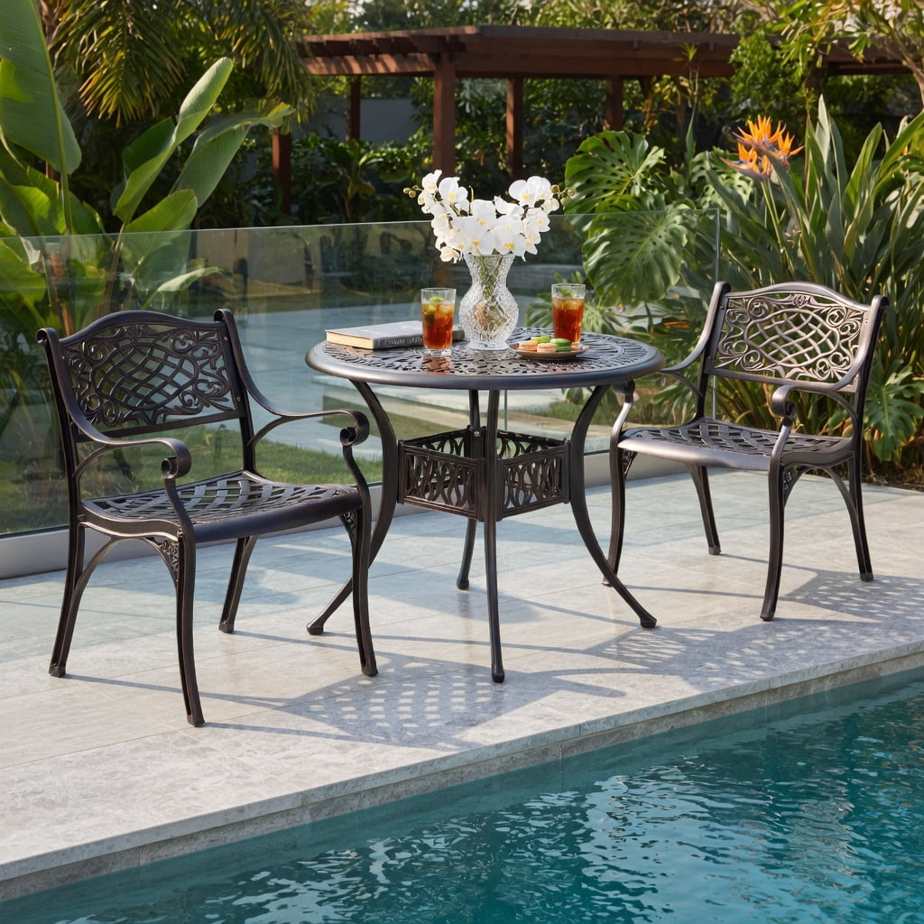 Hommoo 2-Pack Outdoor Cast Aluminum Dining Chairs with Ergonomic Armrests, Curved Breathable Seats & Adjustable Feet, Black