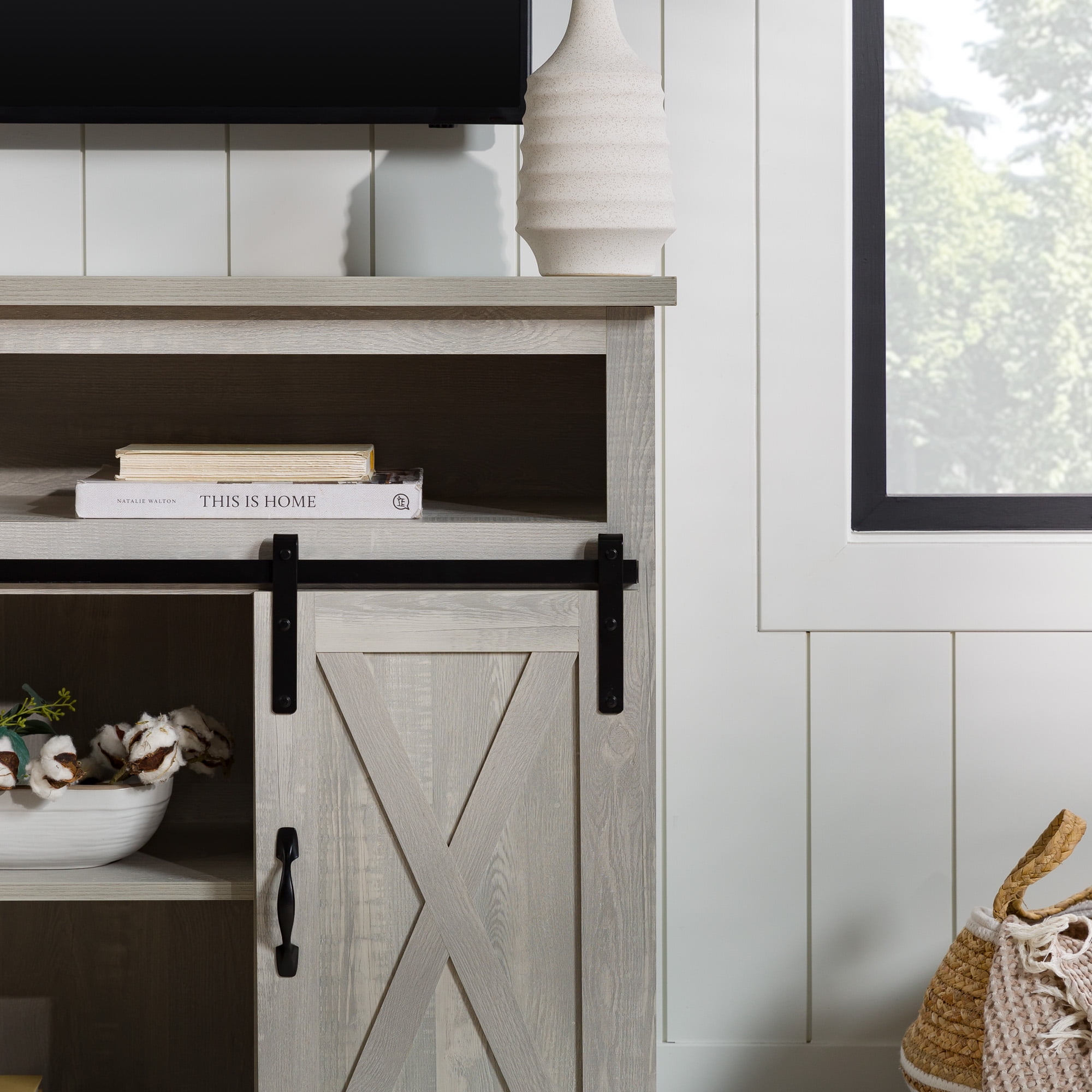 Woven Paths Farmhouse Barn Door TV Stand for TVs up to 60", Stone Grey