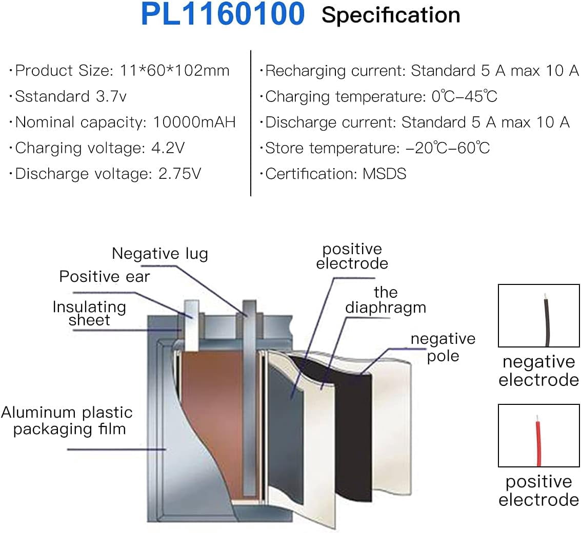 3.7V 10000mAh 1160100 Lithium Polymer Ion Rechargeable Lipo Battery with PH 2.0mm Pitch Connector
