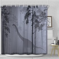 Forest Dinosaur Shower Curtain, Grey Misty Woodland Farmhouse Decor Jungle Wild Raptor Dino Animal Gray Shower Curtains for Bathroom Set Durable Fabric Bath with 12 Hooks, 72x72 Inch