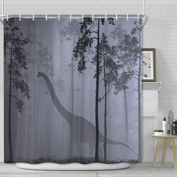Forest Dinosaur Shower Curtain, Grey Misty Woodland Farmhouse Decor Jungle Wild Raptor Dino Animal Gray Shower Curtains for Bathroom Set Durable Fabric Bath with 12 Hooks, 72x72 Inch