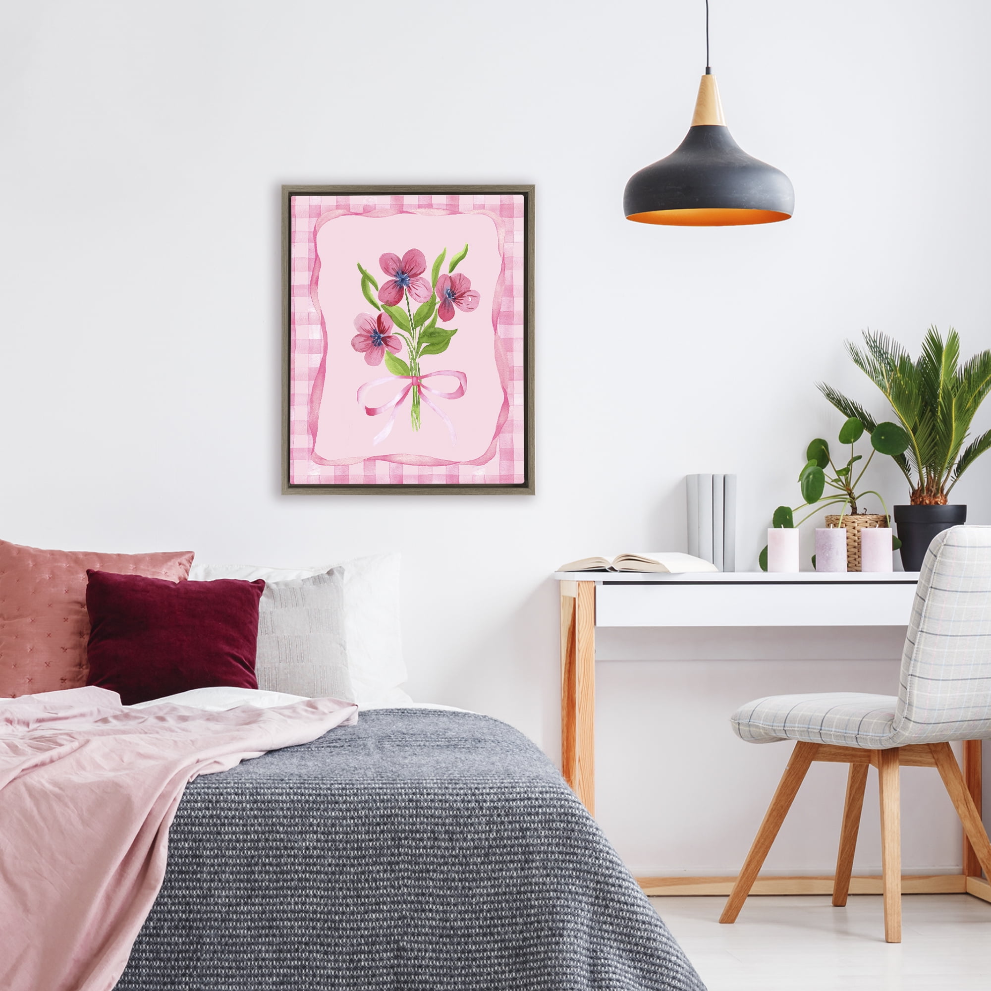 Pink Bordered Flower Bundle Brown Framed Floater Canvas Wall Art, design by Nina Jacobs