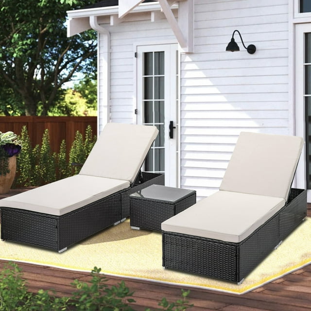Outdoor Patio Lounge Chairs, YOFE Modern 3 PCS Wicker Patio Lounge Chair Set, Adjustable Rattan Outdoor Wicker Lounge Chair Outdoor with Beige Cushions and Tea Table for Patio Beach Backyard, R5810
