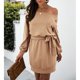 thumbnail image 5 of Vestido De Suéter Corto Con Lazo En La Cintura, Ajuste Holgado, Informal, Transpirable, Con Hombros Descubiertos, Vestido De Sudadera, Cuello Barco, Elástico Para Vacaciones ANGGREK Otros, 5 of 6