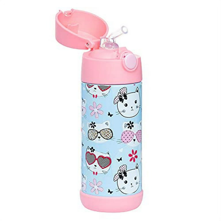 Snug Kids Water Bottle Insulated Stainless Steel Thermos w/ Straw (Girls/Boys) Kitty, 12oz