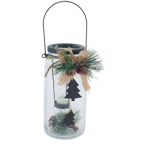 Melrose 9.75" Country Cabin Glass Jar with Dangling Tree Accent Christmas Tea Light Candle Holder