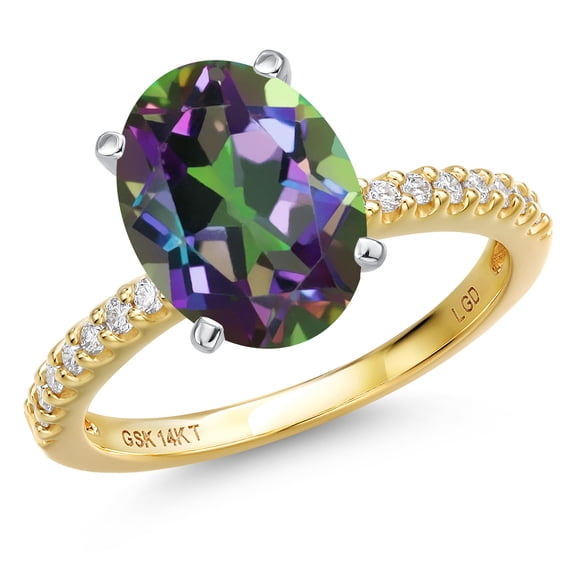Gem Stone King 14K Two Tone Gold Green Mystic Quartz and Lab Grown Diamond Engagement Ring for Women | 3.76 Cttw | Oval 11X9MM | Gemstone Birthstone | Size 5