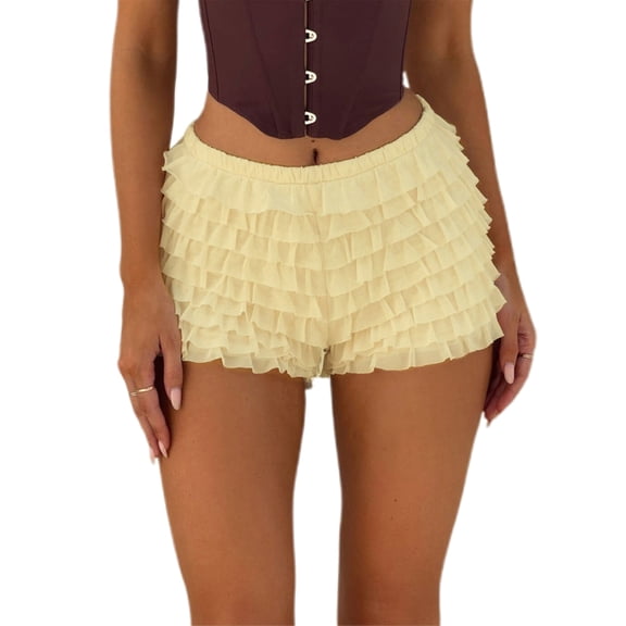Women Y2k Ruffle Lace Shorts Summer Elastic Waist Layered Slim Fit Casual Mini Shorts Club Streetwear