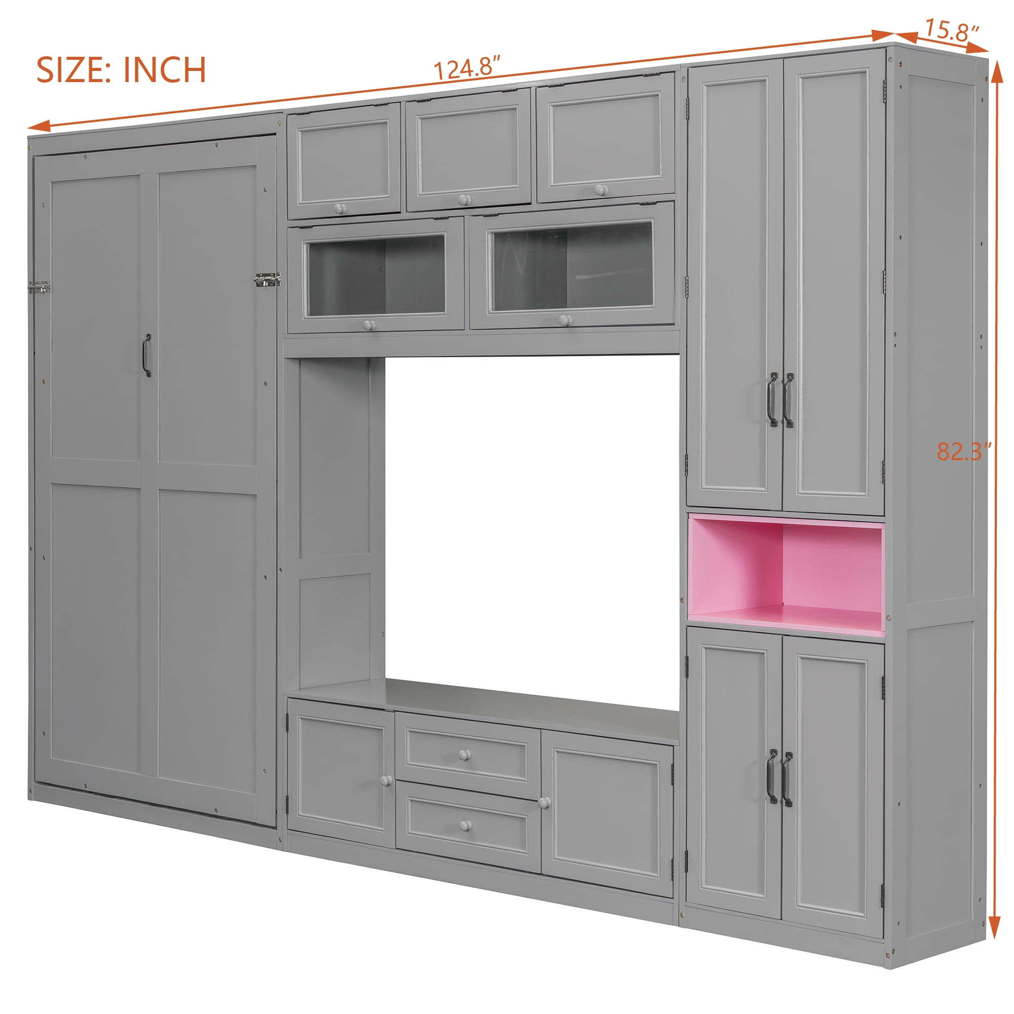 Mintazer Twin Foldable Murphy Bed with 82.3"H Wall Storage Cabinet, Shelves, TV Stand and 2 Drawers & 9 Cabinets for&nbsp;Bedroom Living Room, Gray