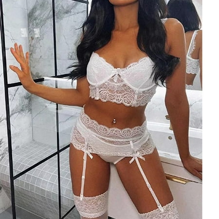 IDALL Lingerie for Women Bodysuits for Women Corset Top Pajamas Set Sleepwear Bra And Panty 3 Piece S Xxl Lingerie Sets for Women Lace Bralette White XXL
