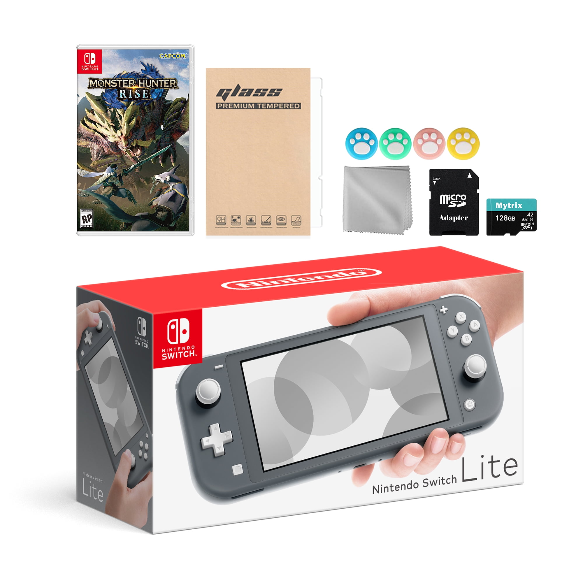 Nintendo Switch Lite Gray with Monster Hunter: Rise, Mytrix 128GB 