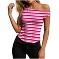 thumbnail image 2 of FRSASU Women's off the Shoulder Cropped Tops Striped Slim Fit Sleeveless T Shirt Causal Summer Boat Neck Tee Streetwear Pink, 2 of 6